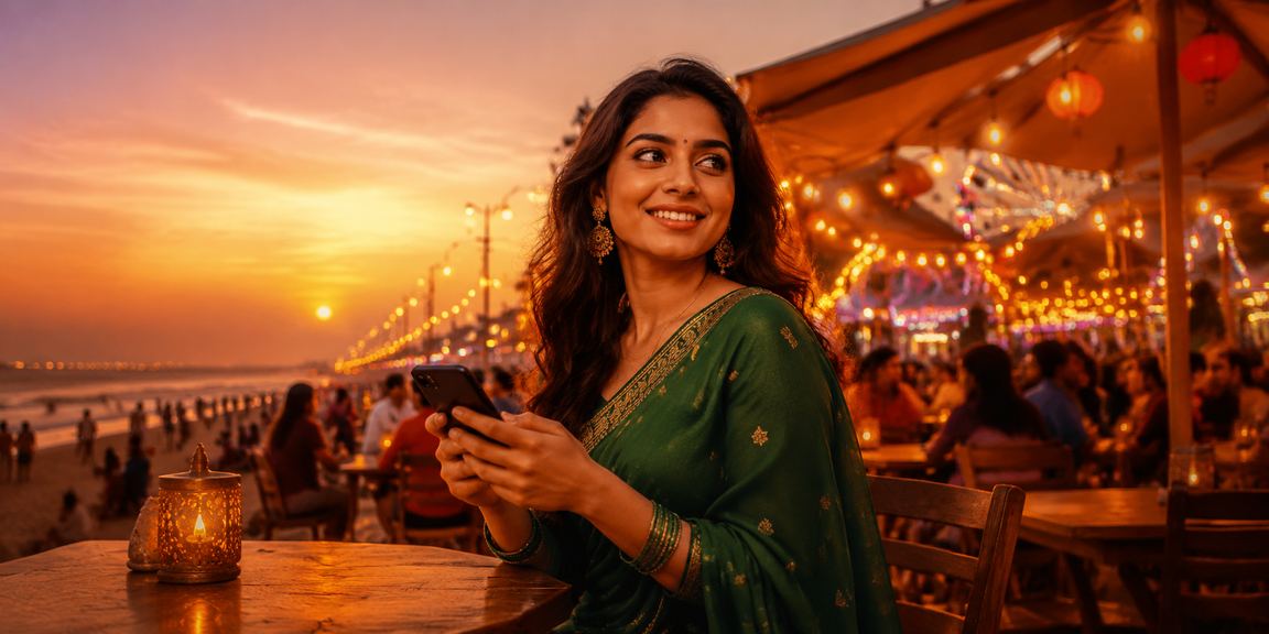 A woman enjoying mobile casino entertainment in traditional saree at Chennai