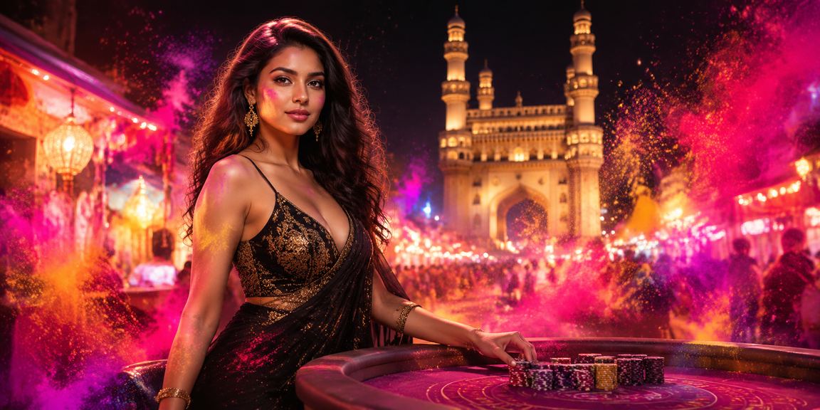 Hyderabad Charminar glowing at night during Holi festival, symbolizing vibrant sports betting scene