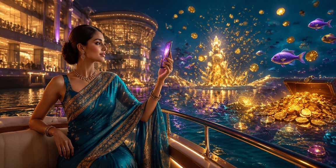 Indian woman in saree playing fishing game representing cricket and betting culture