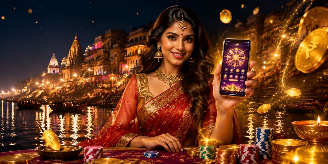 Night view of Varanasi ghats with lottery and betting theme